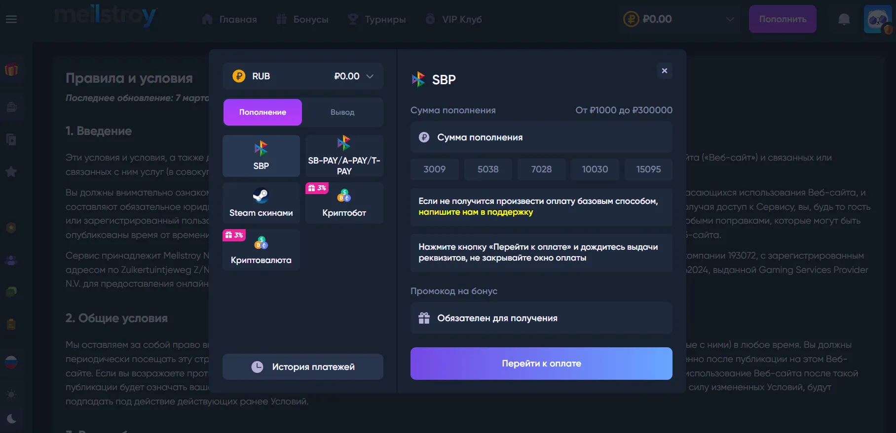 Пополнение счета удобными способами в Mellstroy Casino